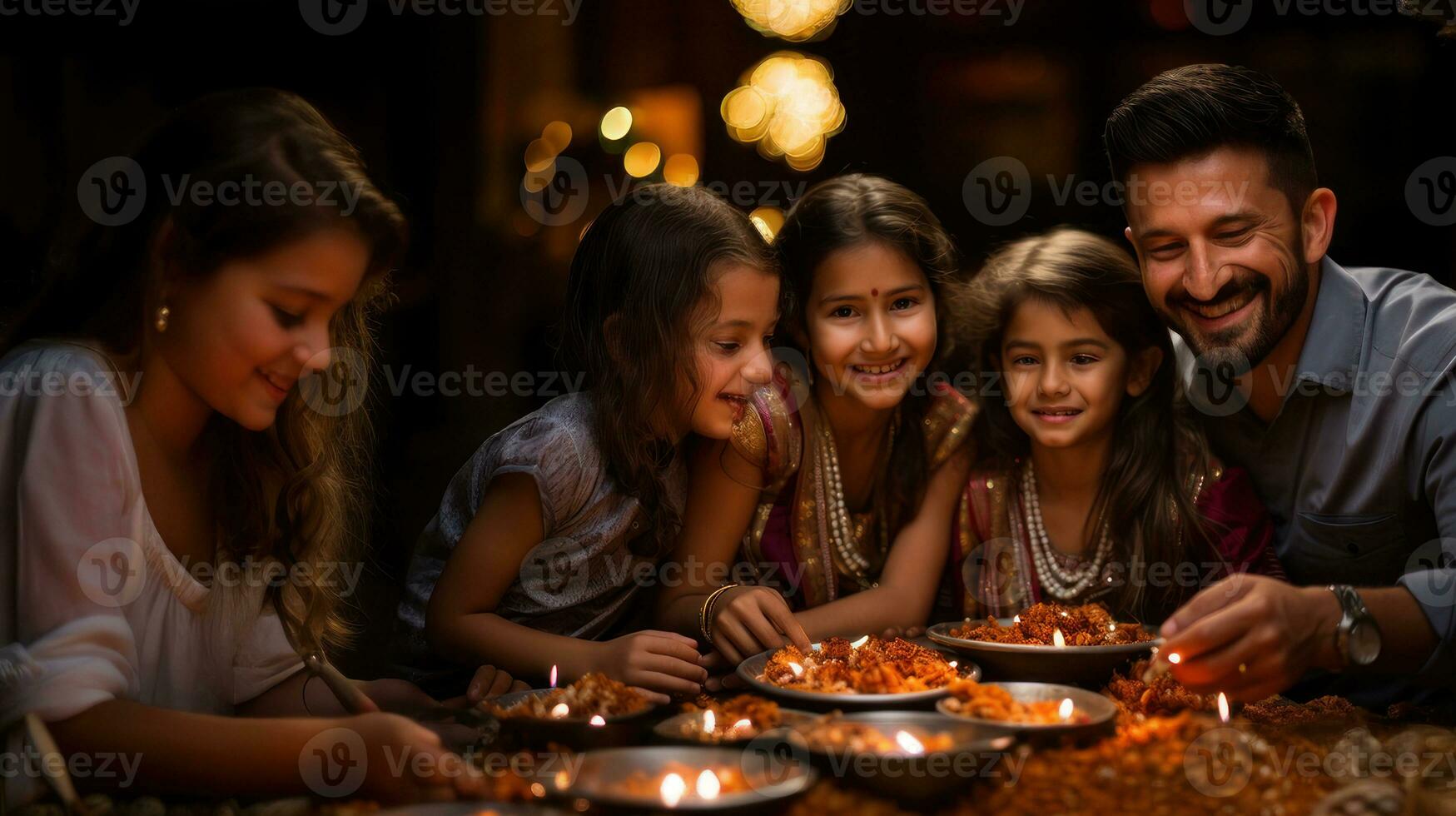 Group of indian people lighting candles for Diwali festival. photo