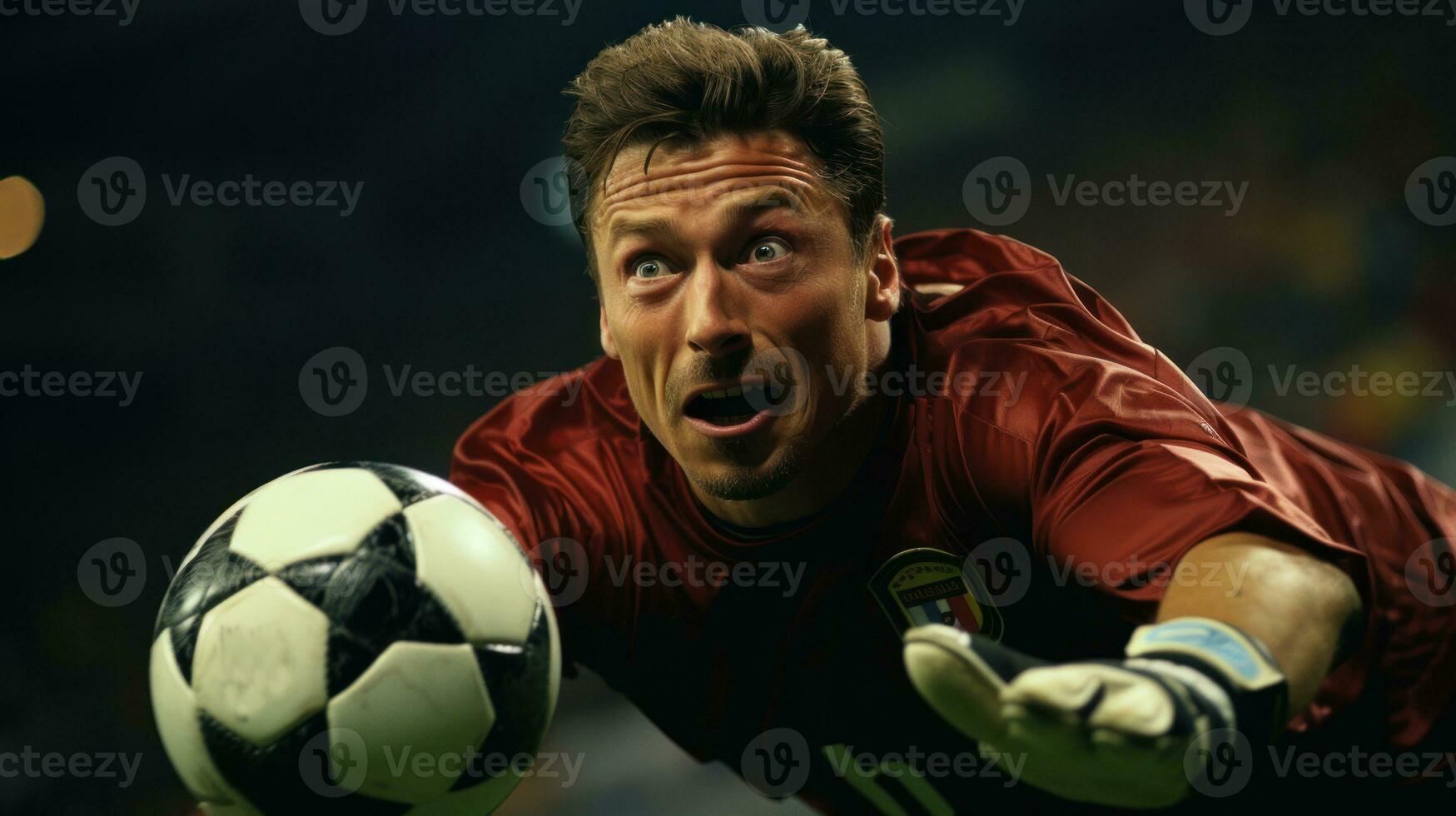 Goalkeeper in red uniform catches the ball in the stadium during a football game. photo