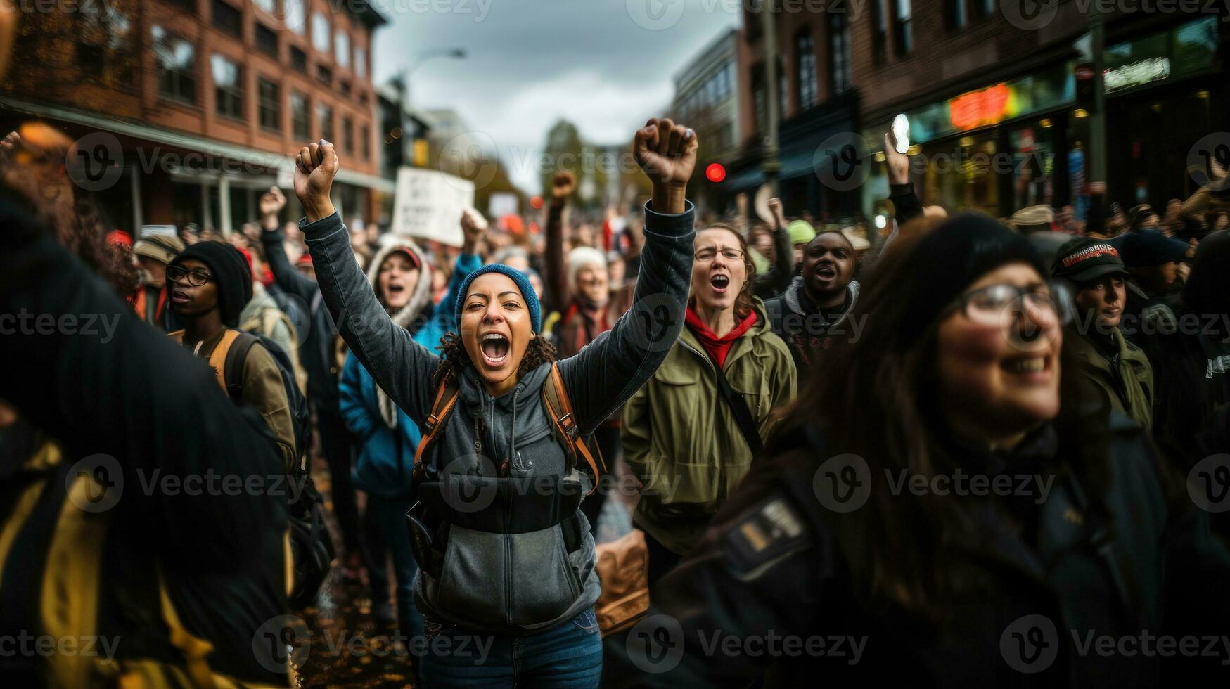 grupo de manifestantes protestando en el ciudad. humano derechos reunión y justicia guerrero concepto. foto