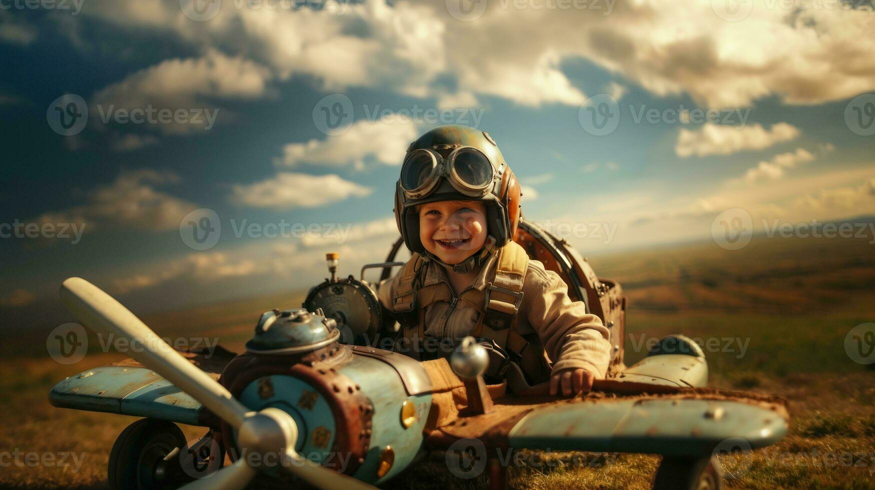 Little boy in a pilot's helmet on a background of the sky. Vintage effect. photo