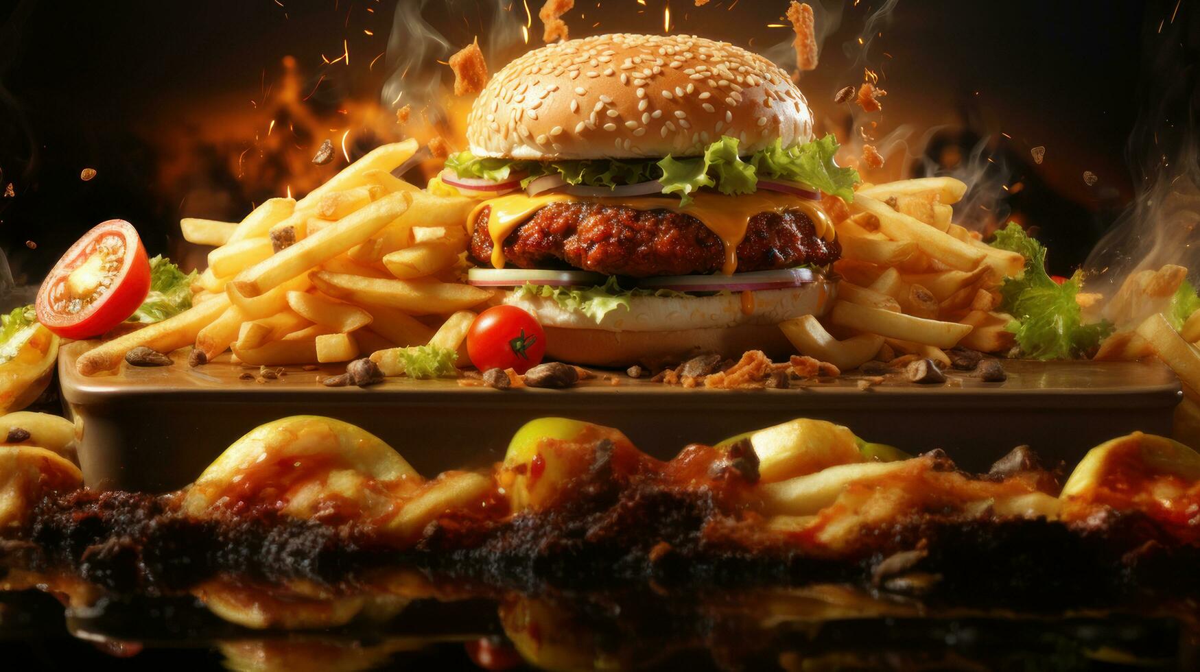 Hamburger with fries and vegetables on fire background, closeup photo