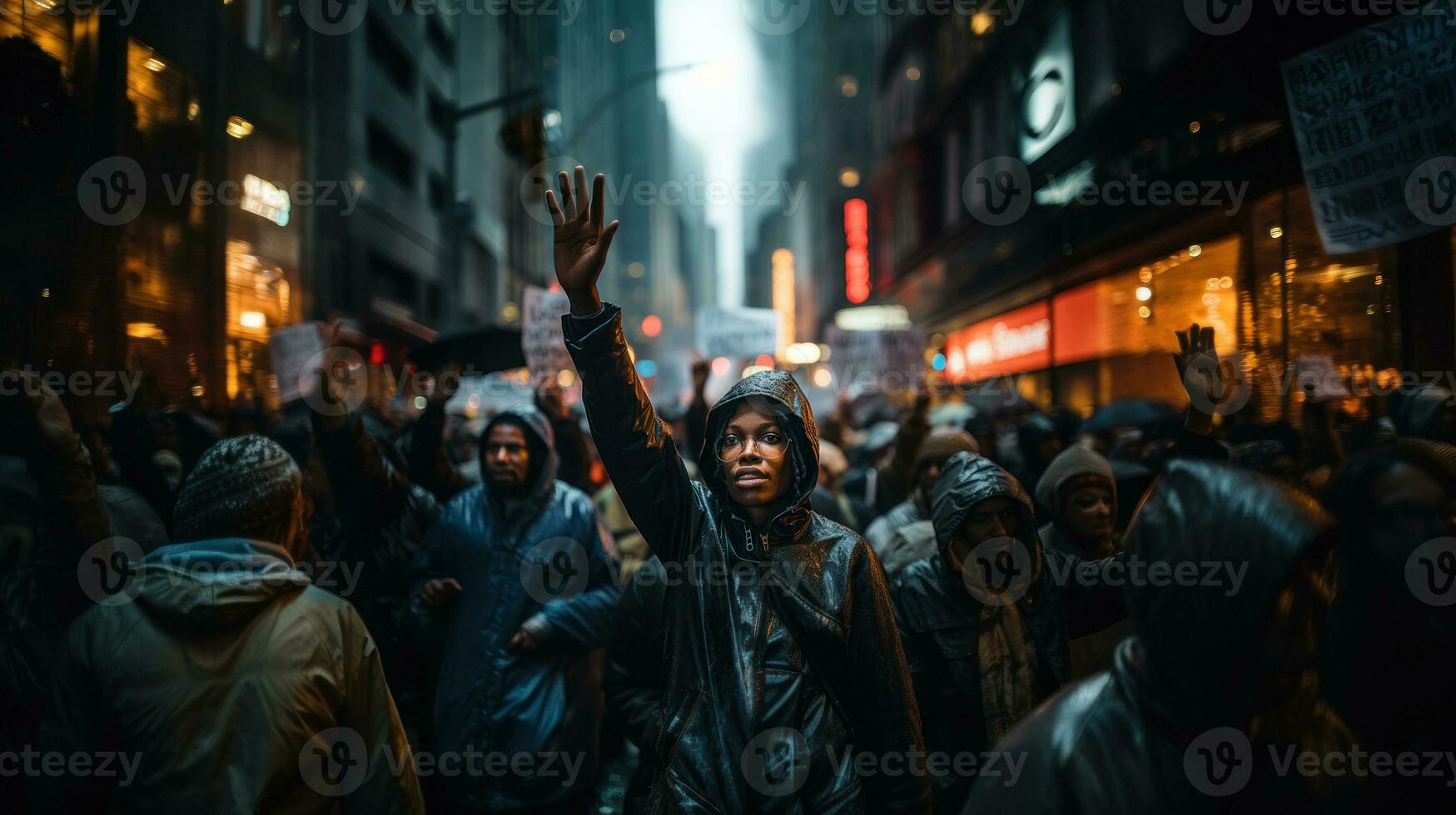 Group of demonstrators protesting in the city. Human rights rally and justice warrior concept. photo