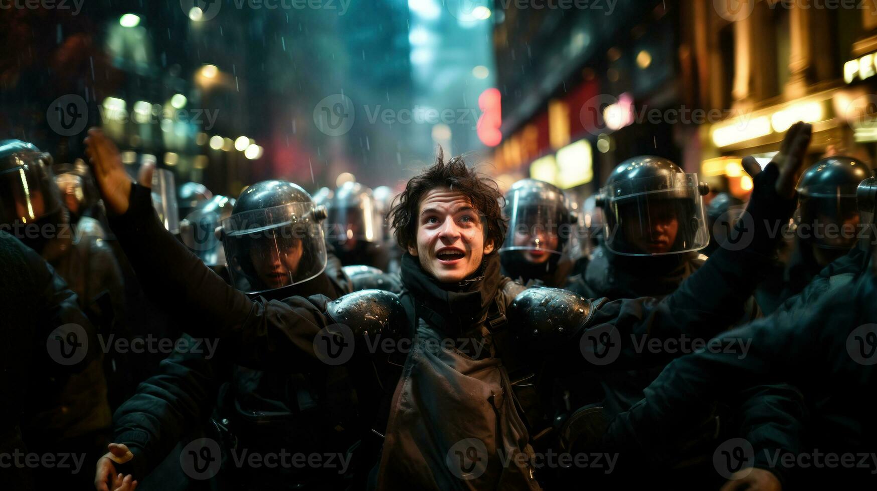 Group of demonstrators protesting in the city. Human rights rally and justice warrior concept. photo