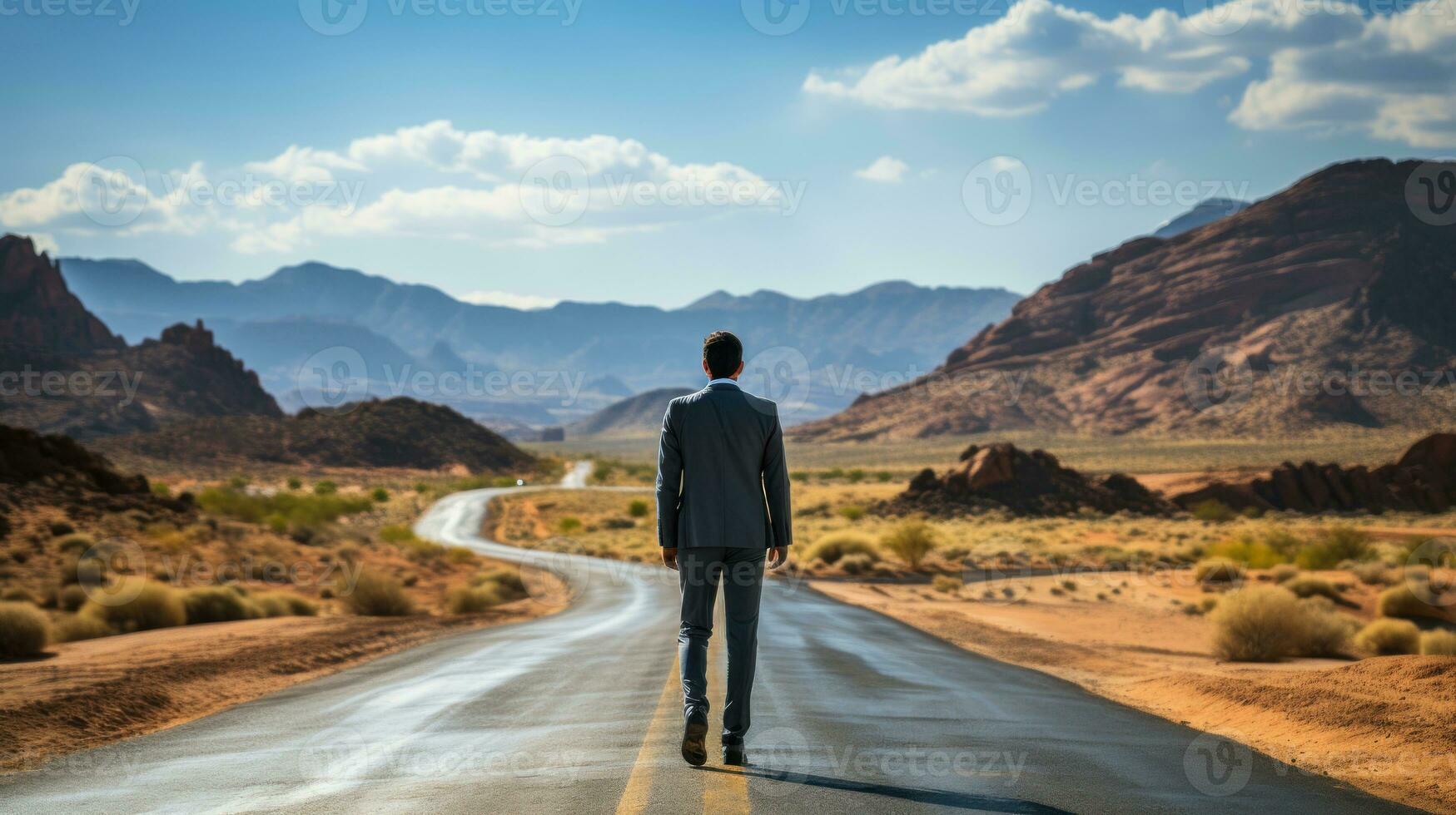 Rear view of businessman standing on road against mountains and blue sky in Texas. photo