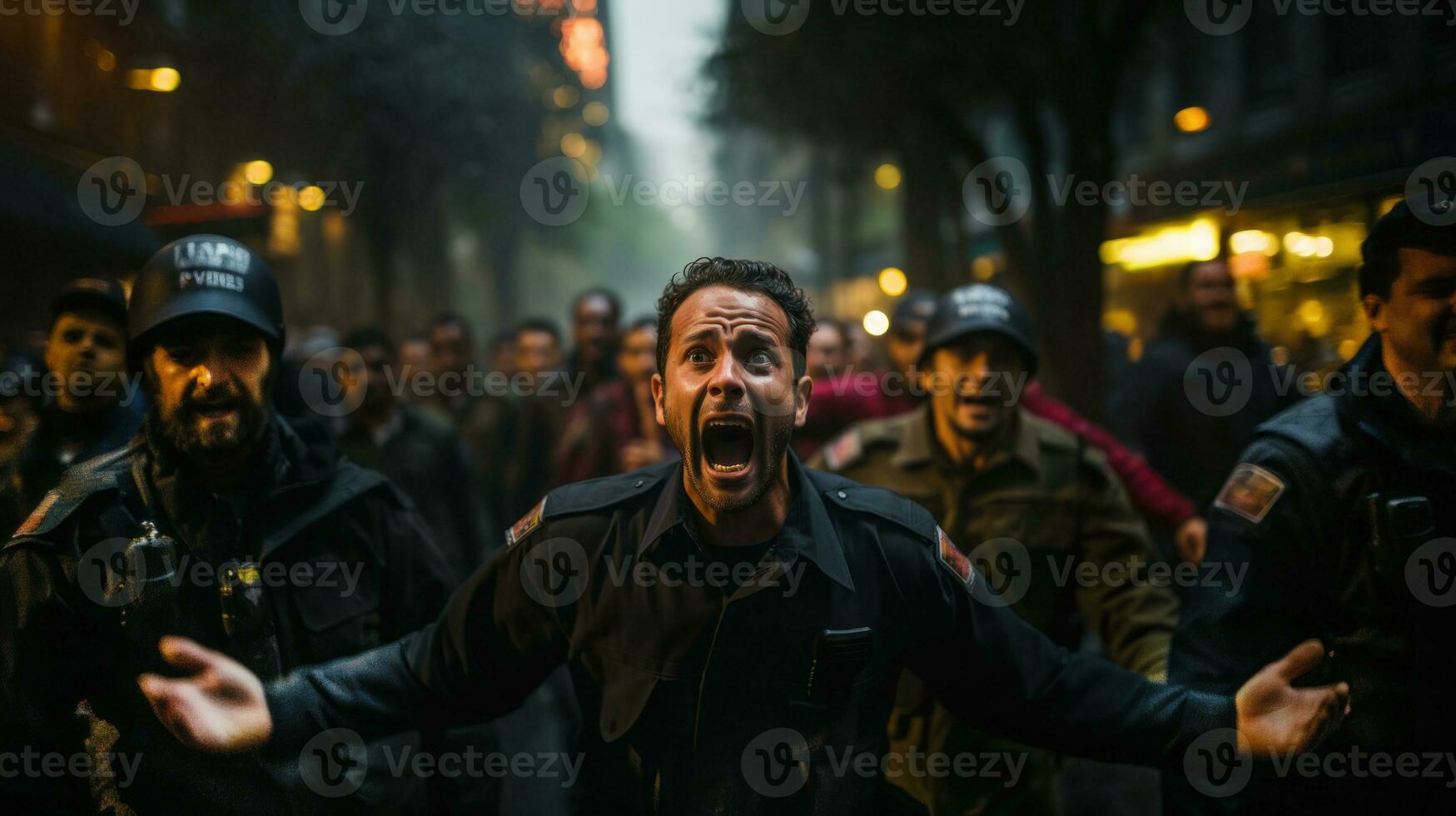 Group of demonstrators protesting in the city. Human rights rally and justice warrior concept. photo