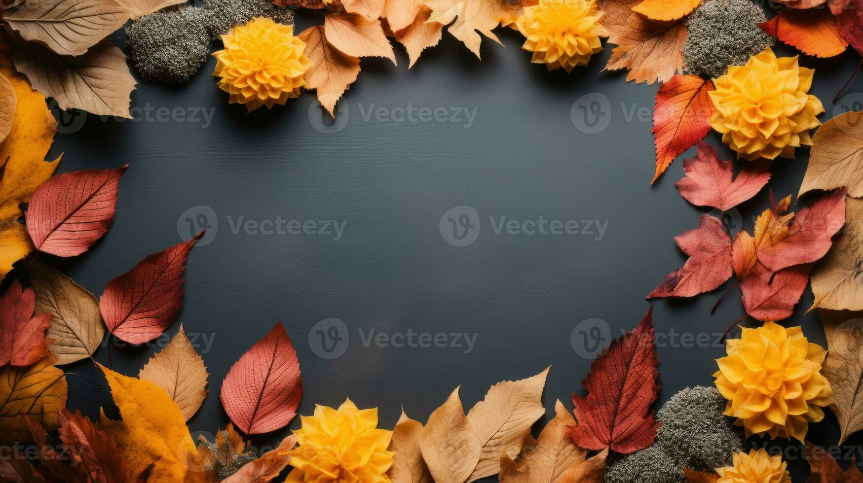 Autumn leaves on dark background, top view. Space for text photo