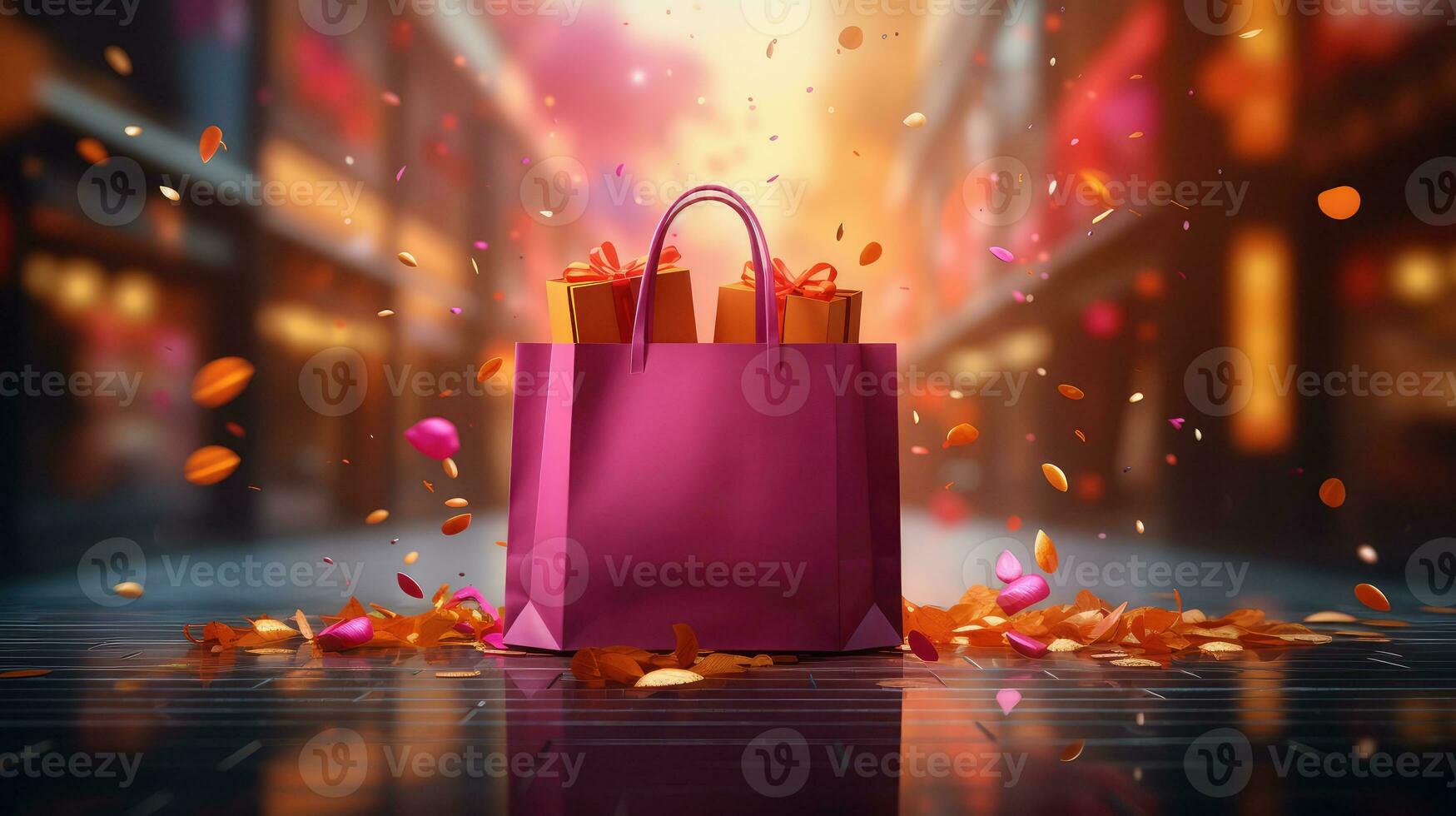 AI Generated Sale banner pink shopping bag with gift boxes. Halloween, Black friday special offer poster with copy space for text photo