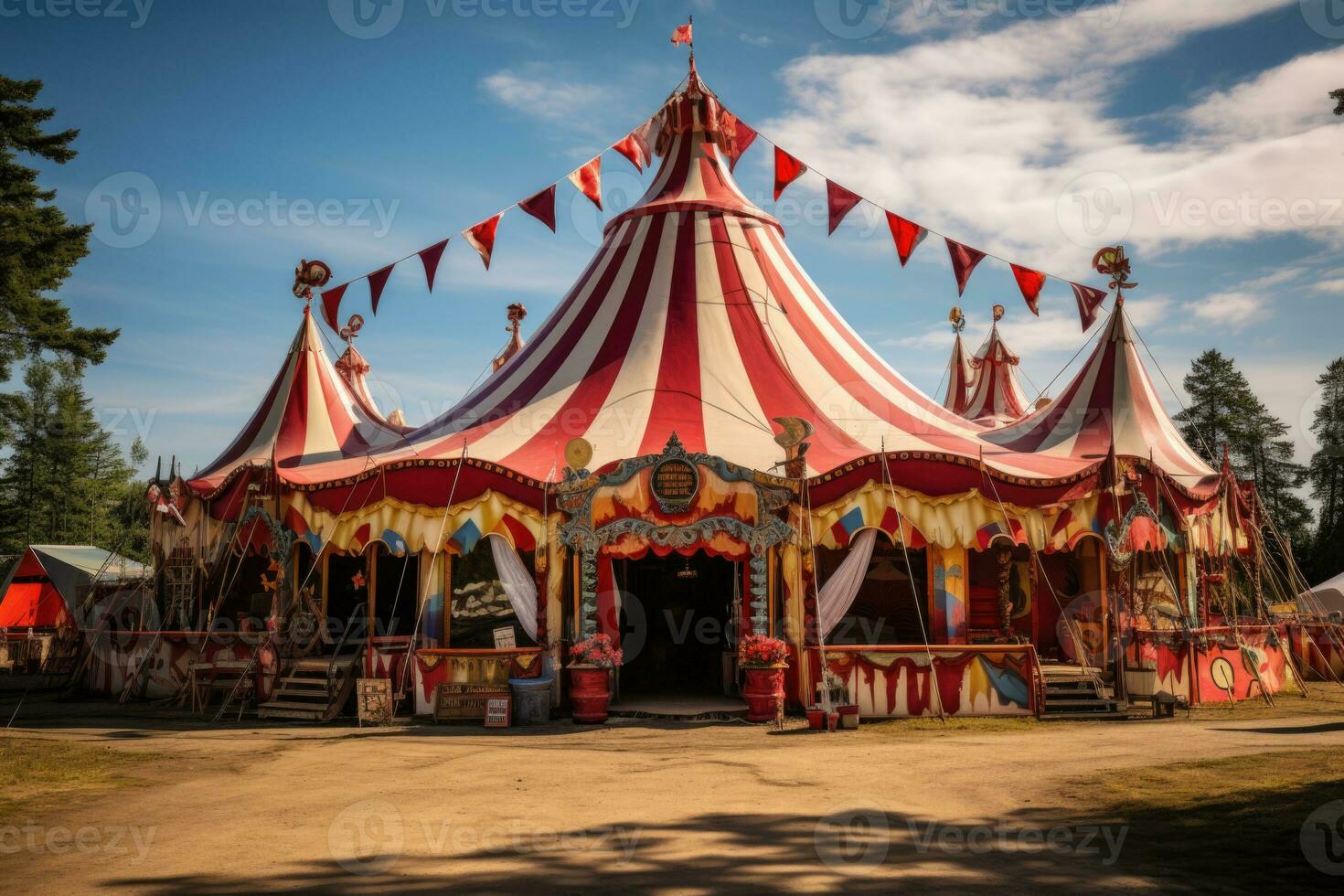 Circus tent against the blue sky with clouds. Circus poster, poster. World Circus Day. Generated by artificial intelligence photo