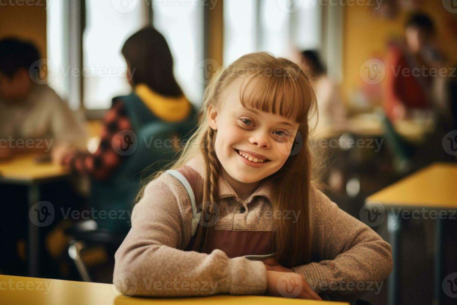 Girl, child with Down syndrome, sits in school classroom at desk before lesson, smiling. Inclusivity and education. Autism. Education for children with Down syndrome. Autistic kid AI generated photo