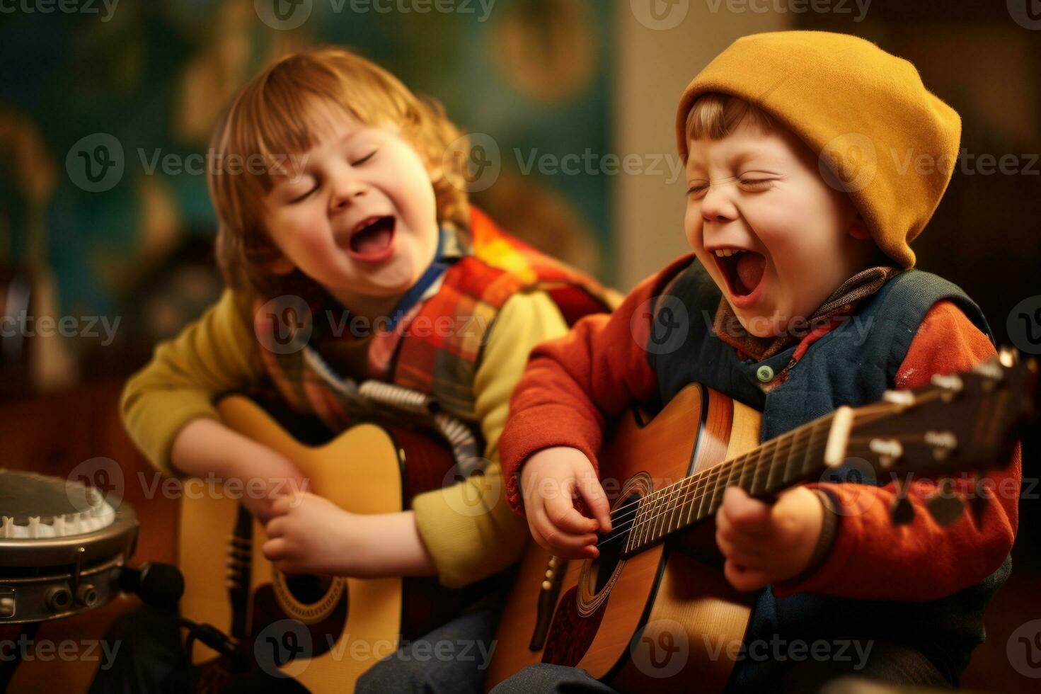 dos niños con abajo síndrome aprender a jugar el guitarra en un colegio clase. tener divertido y reír. ellos canta fuerte. infancia autismo. educación de niños con discapacidades niños ai generado foto