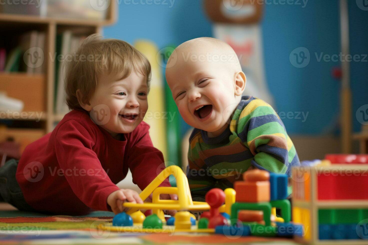 Little Kids boys with Down Syndrome playing together in a colorful playroom. Joy and camaraderie. Childhood autism. Education of children with disabilities. Children with Down syndrome. AI generated photo