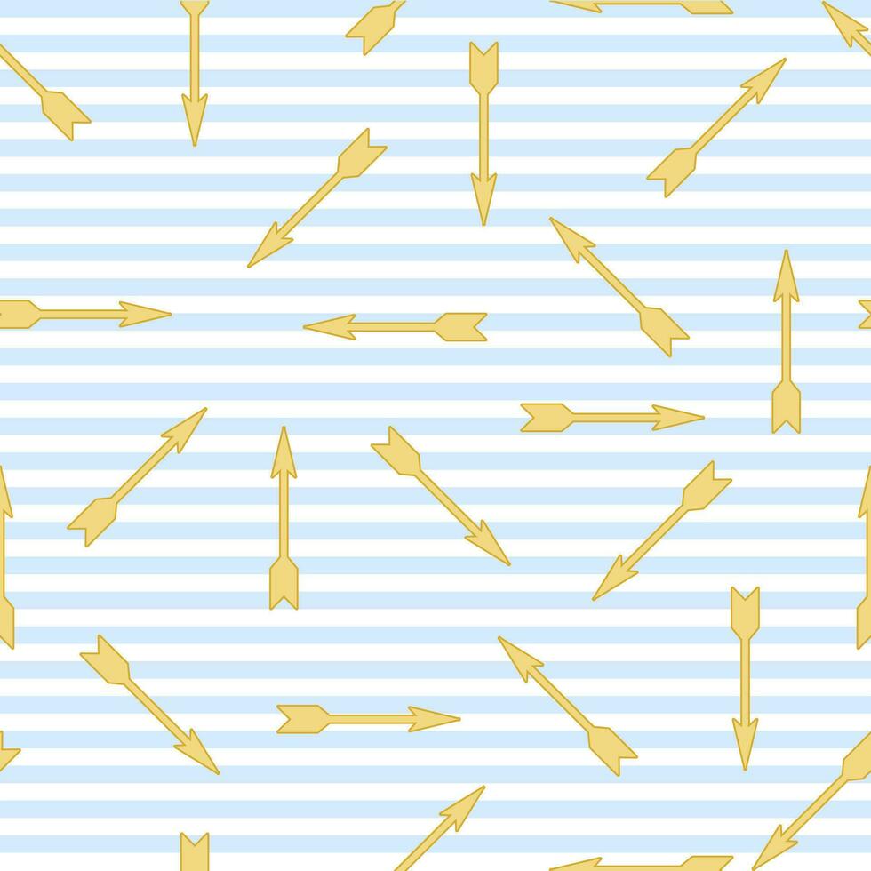 Seamless vector background in white and blue stripes with golden arrows. Arrows move randomly, marine pattern