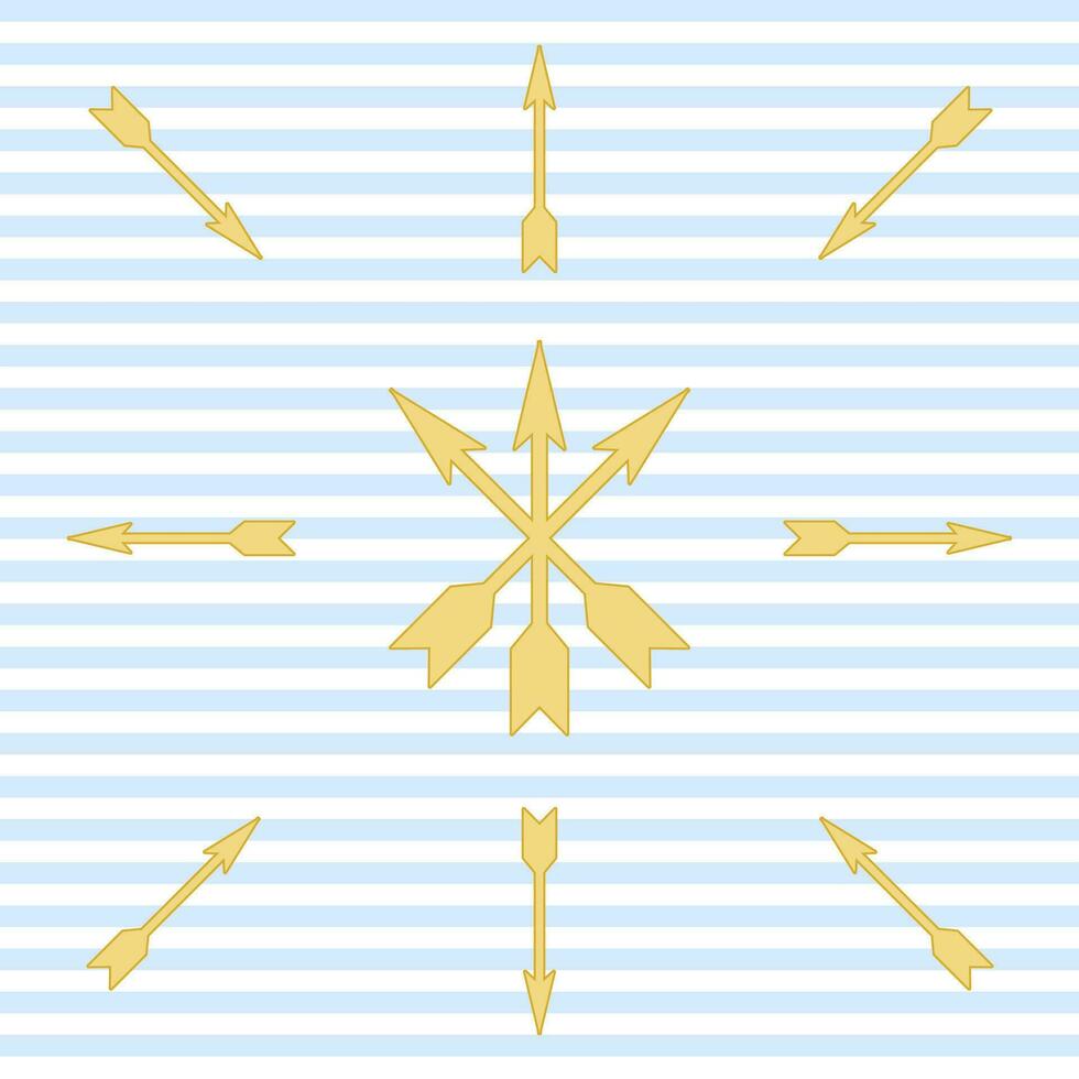 Seamless vector background in white and blue stripes with golden arrows. Symmetrical illustration on a marine theme.