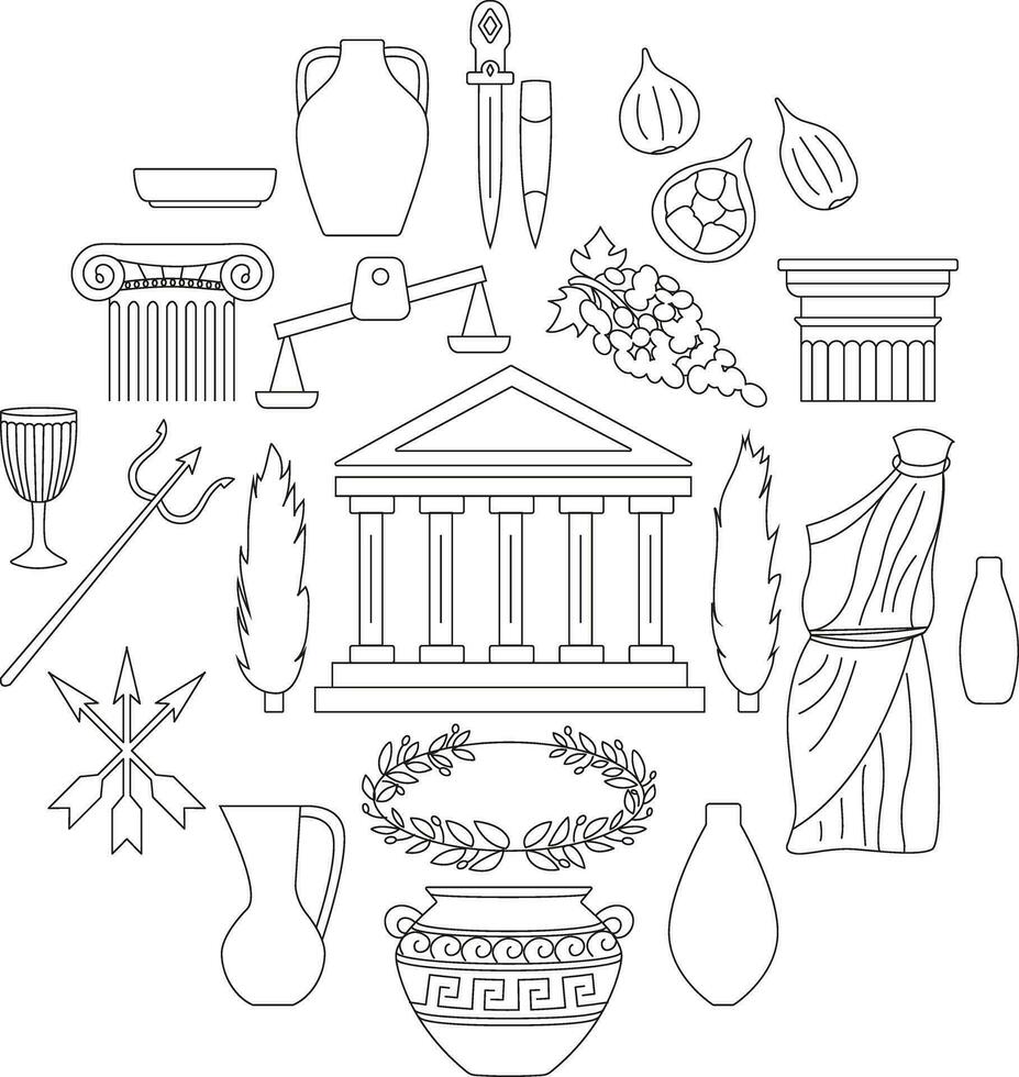 Collection of contour illustrations about Greece - architecture, columns, jugs, arrows, spear, figs, grapes, toga, cypresses, laurel wreath, scales vector