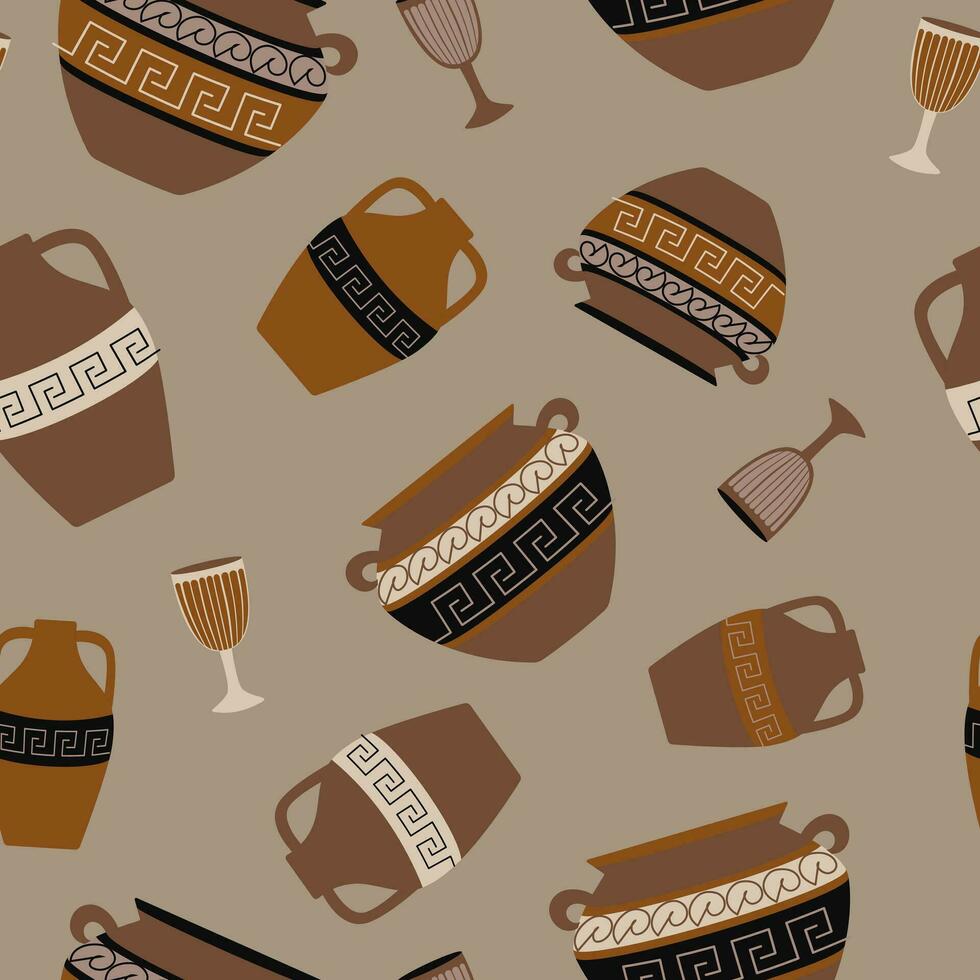 Seamless vector pattern with Greek pottery. Pottery pattern. Pots with Greek ornament MeanderSeamless vector pattern with Greek pottery. Pottery pattern. Pots with Greek ornament Meander