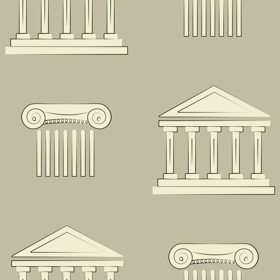 Seamless vector pattern of antique greek architecture on a brown background.Seamless vector pattern of antique greek architecture on a brown background.