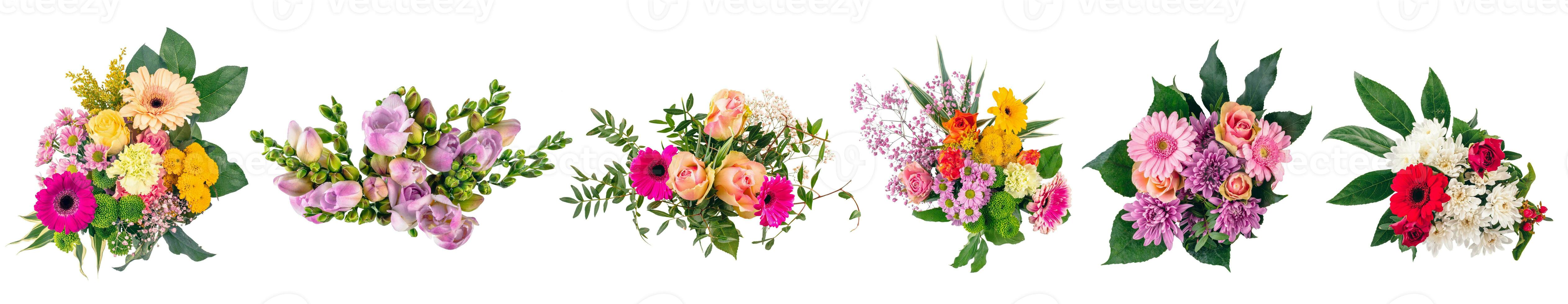 Flowers bouquets and wreaths collection, set isolated on transparent white background photo