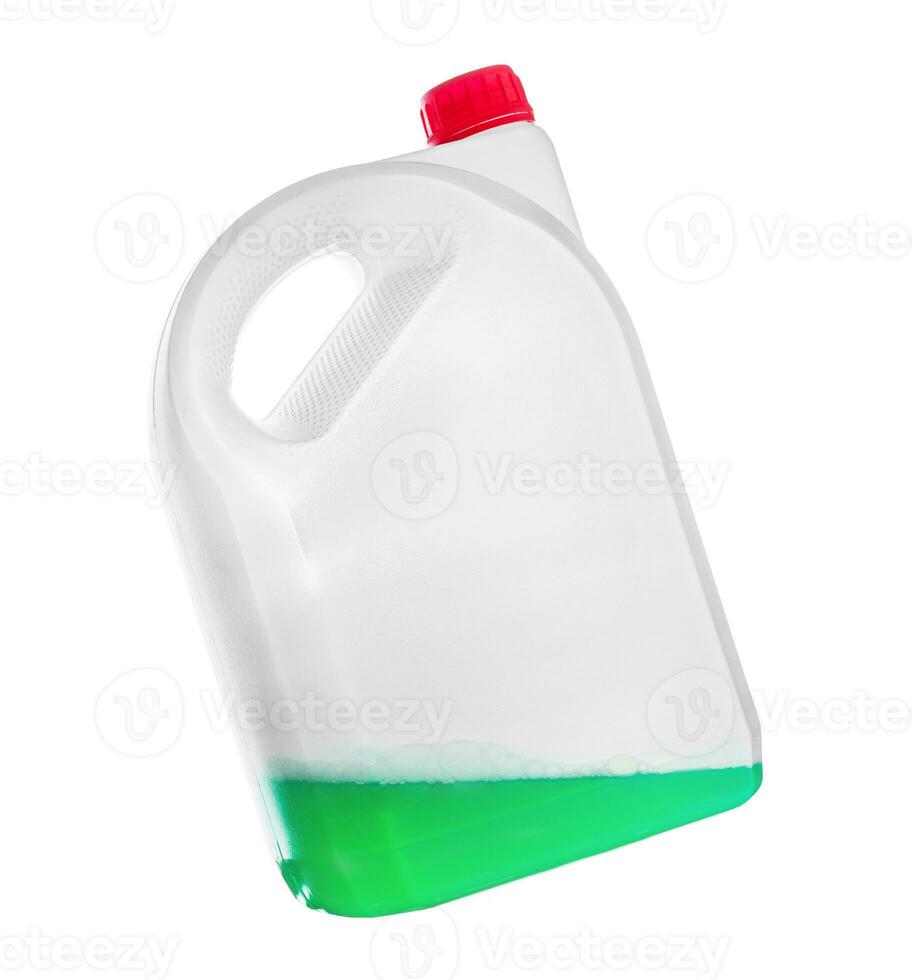 Plastic container with green liquid inside isolated on white photo