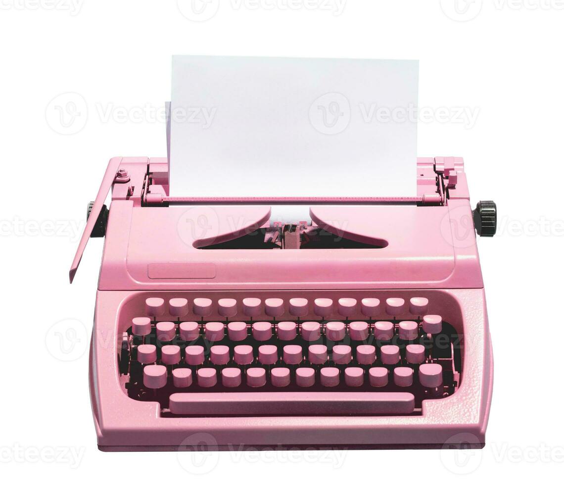 retro rosado máquina de escribir con vacío página. aislado en blanco foto