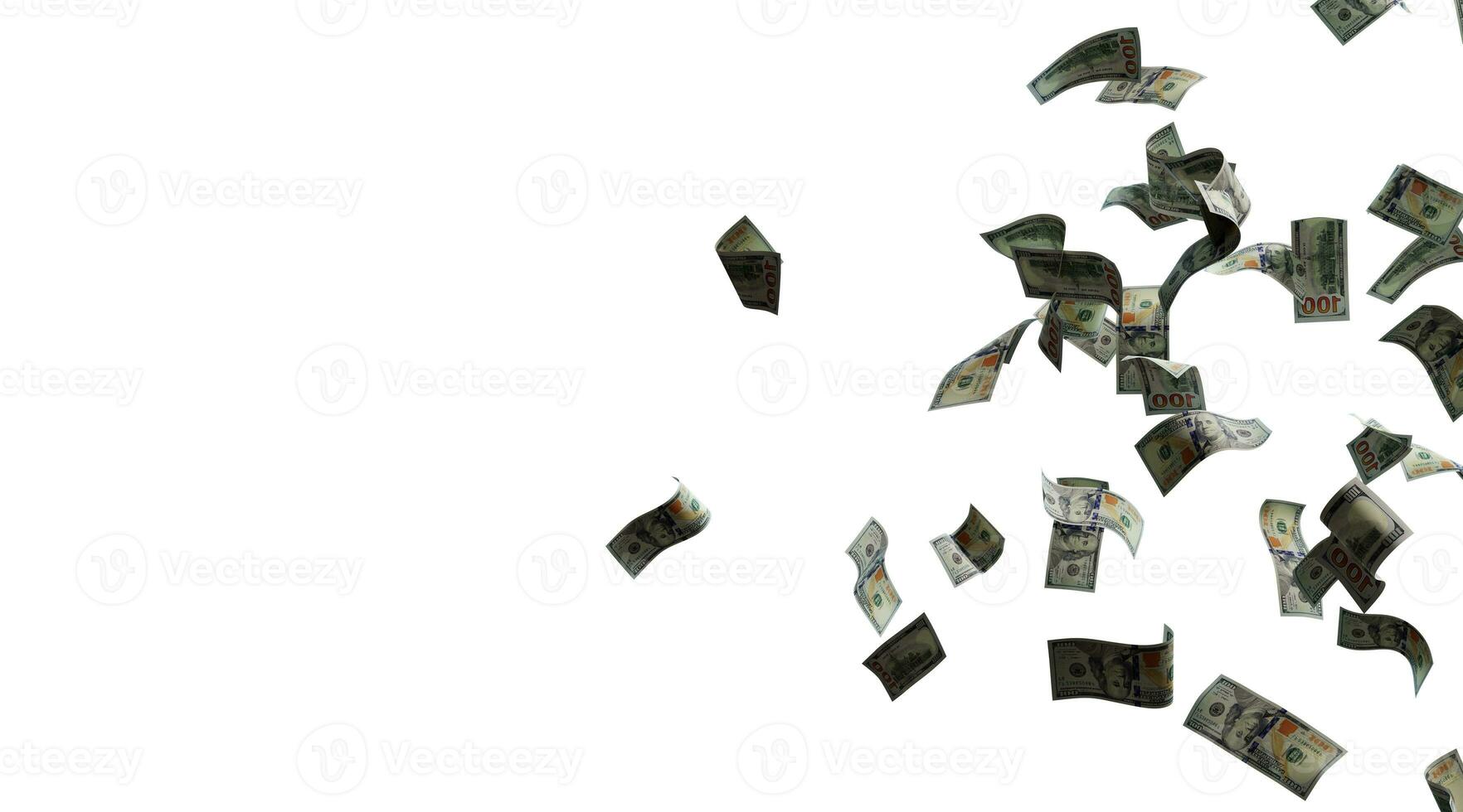 Money rain, dollar banknotes fly. Isolated on white background photo