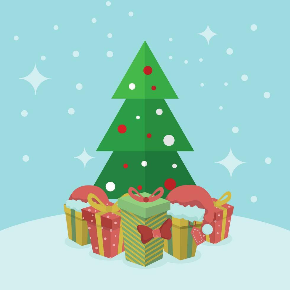 Cartoon Christmas Tree Vector With Snow and gifts