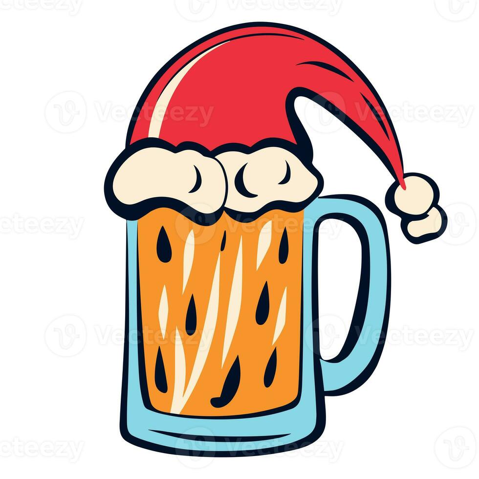 christmas graphic  mug of beer in santa hat on white background photo