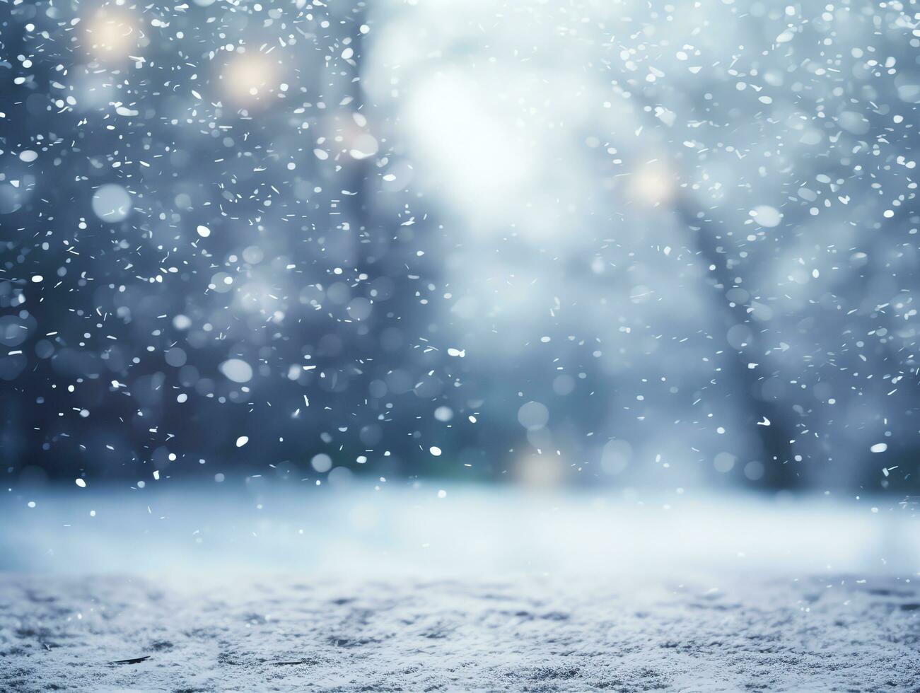 Abstract snow falling on blurred winter landscape background, for design and template, AI Generated photo