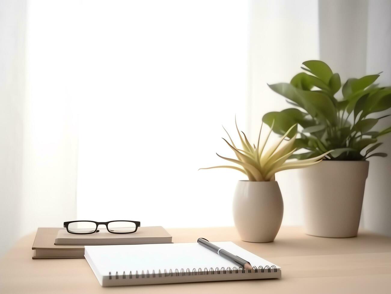 Business workspace desk with blank paper, coffee and plant on table background, AI Generated photo