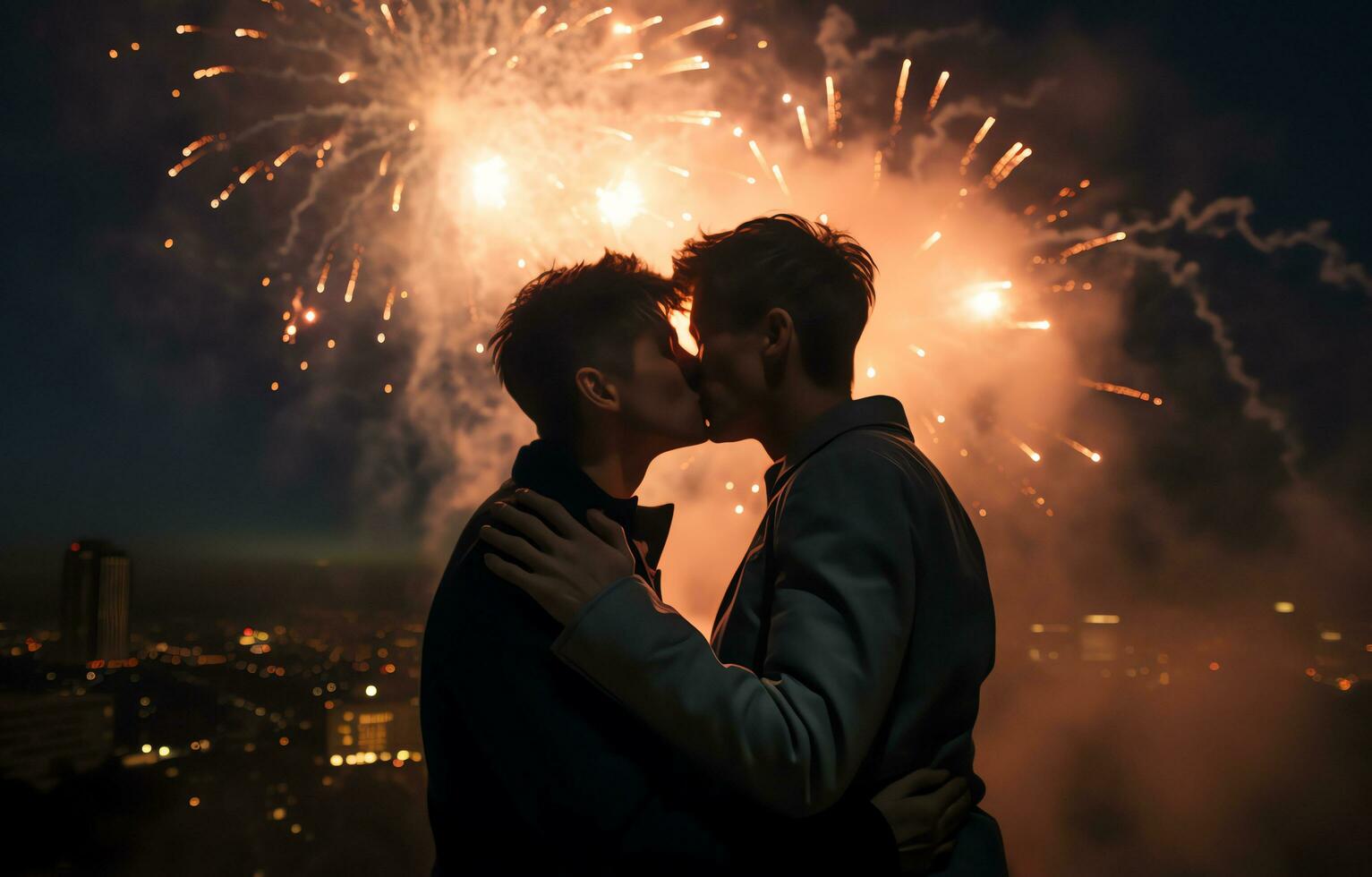 joven gay Pareja besos juntos con fuegos artificiales en fondo, celebracion evento, ai generado foto