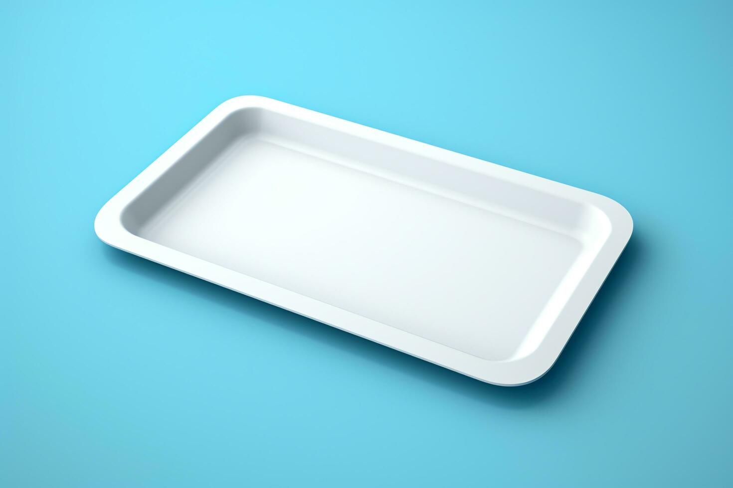 Blank empty plastic or paper tray mockup on blue background, AI Generative photo