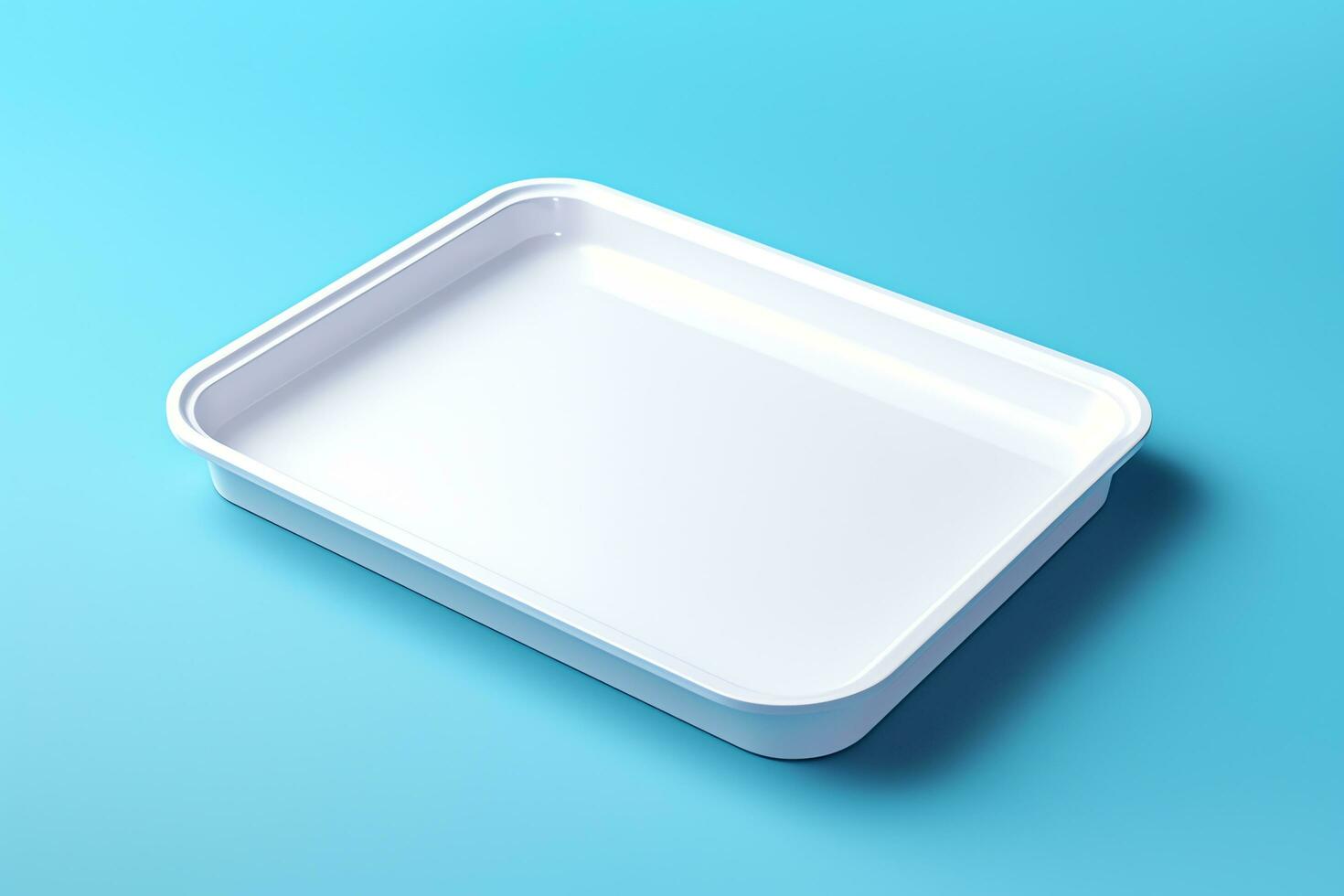 Blank empty plastic or paper tray mockup on blue background, AI Generated photo