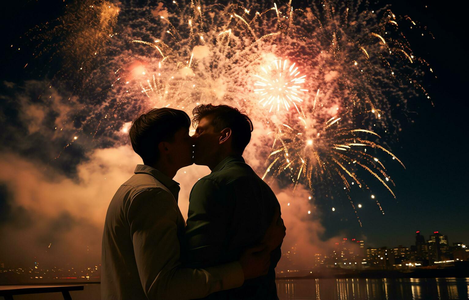 joven gay Pareja besos juntos con fuegos artificiales en fondo, celebracion evento, ai generado foto