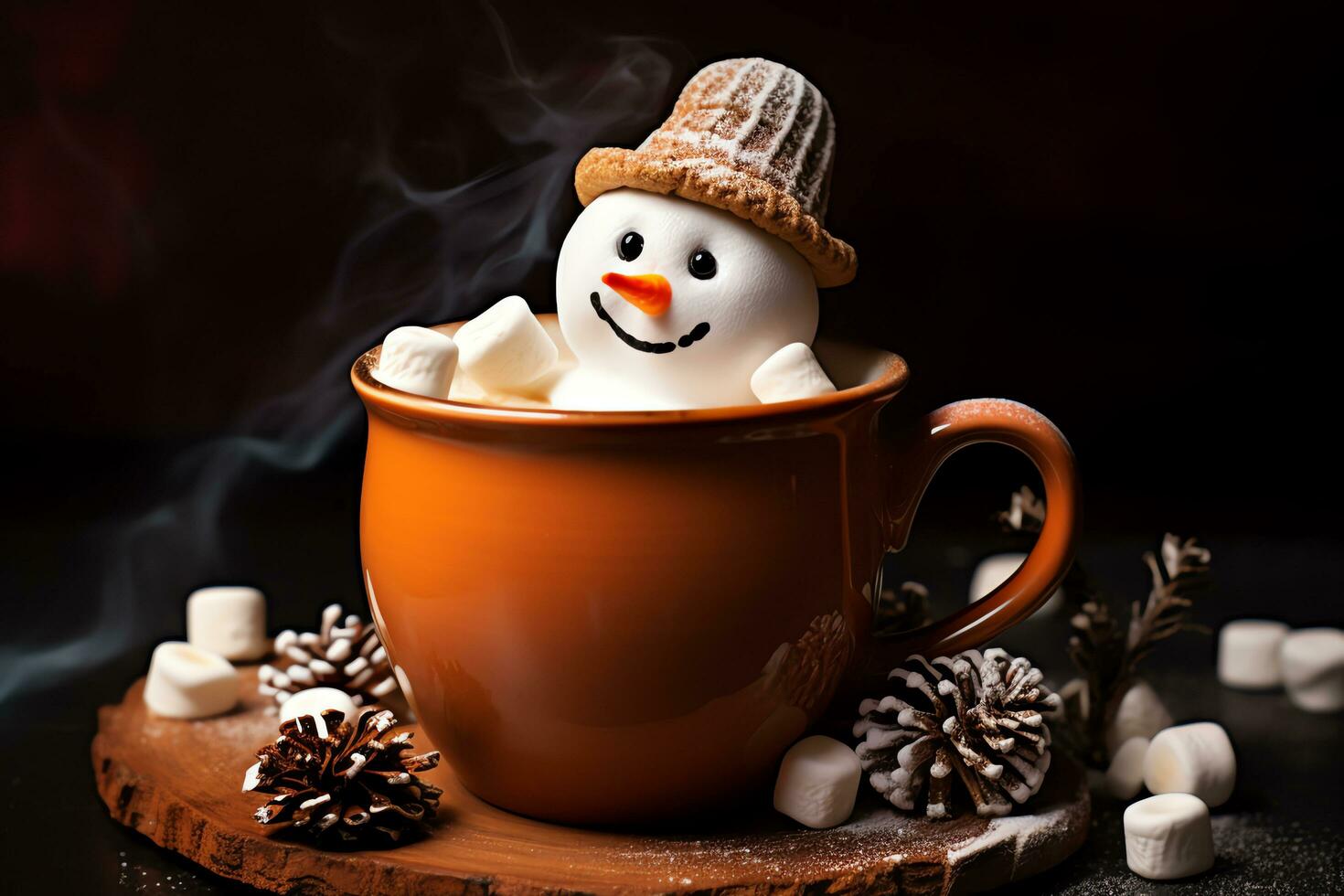 A mug with hot chocolate with melt marshmallo and snowman for topping, seasonal drink, AI Generated photo