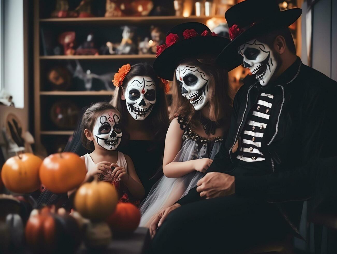 happy family having fun in costumes and makeup on a celebration of Halloween, AI Generated photo