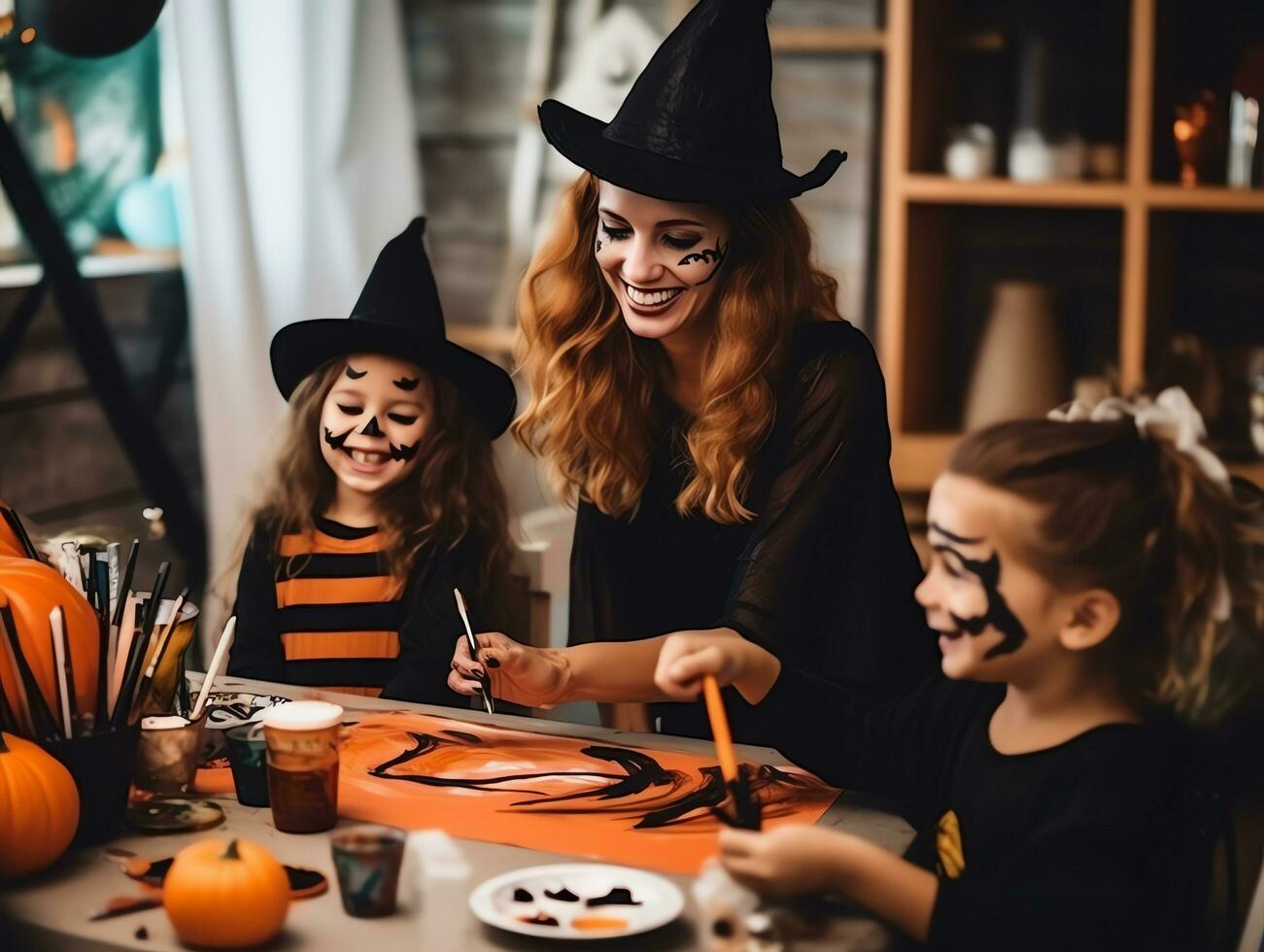 happy family painting and having fun in makeup costumes on a celebration of Halloween, AI Generated photo