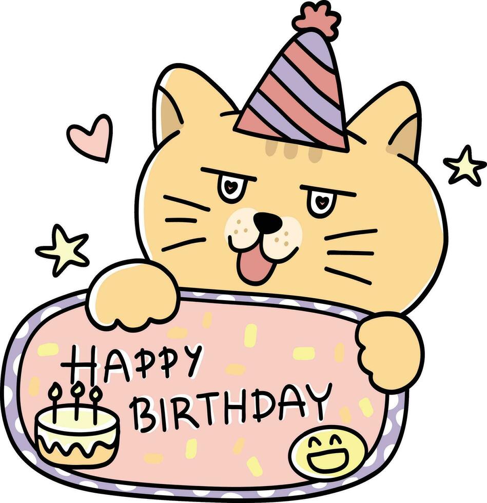 Happy birthday card, cat cartoon drawing vector