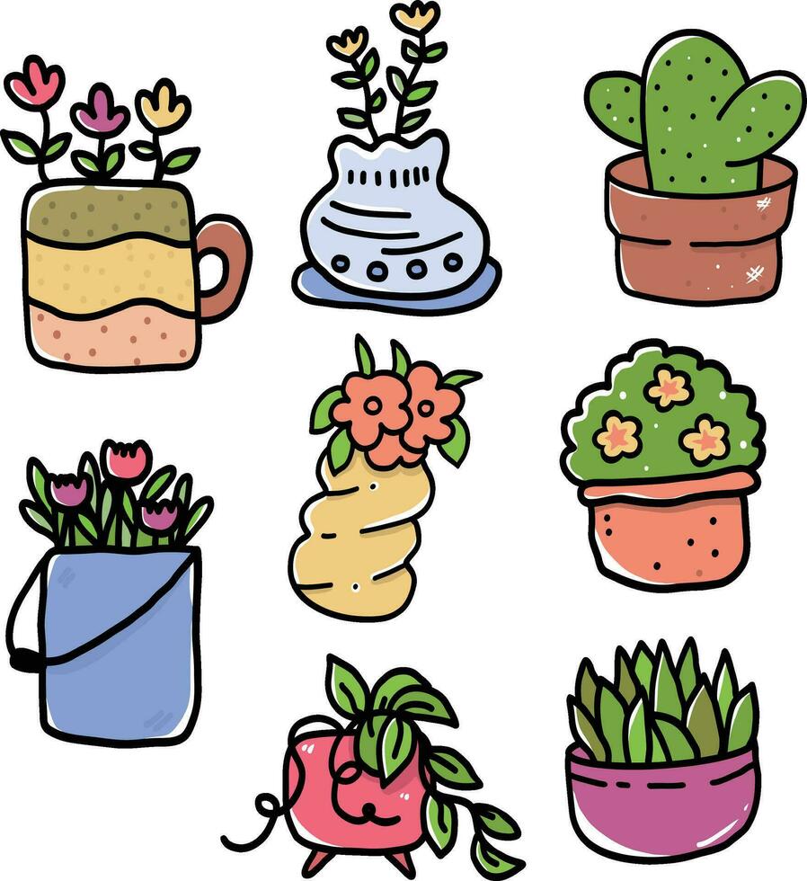 Set of flowers in pot, Houseplants doodle vector