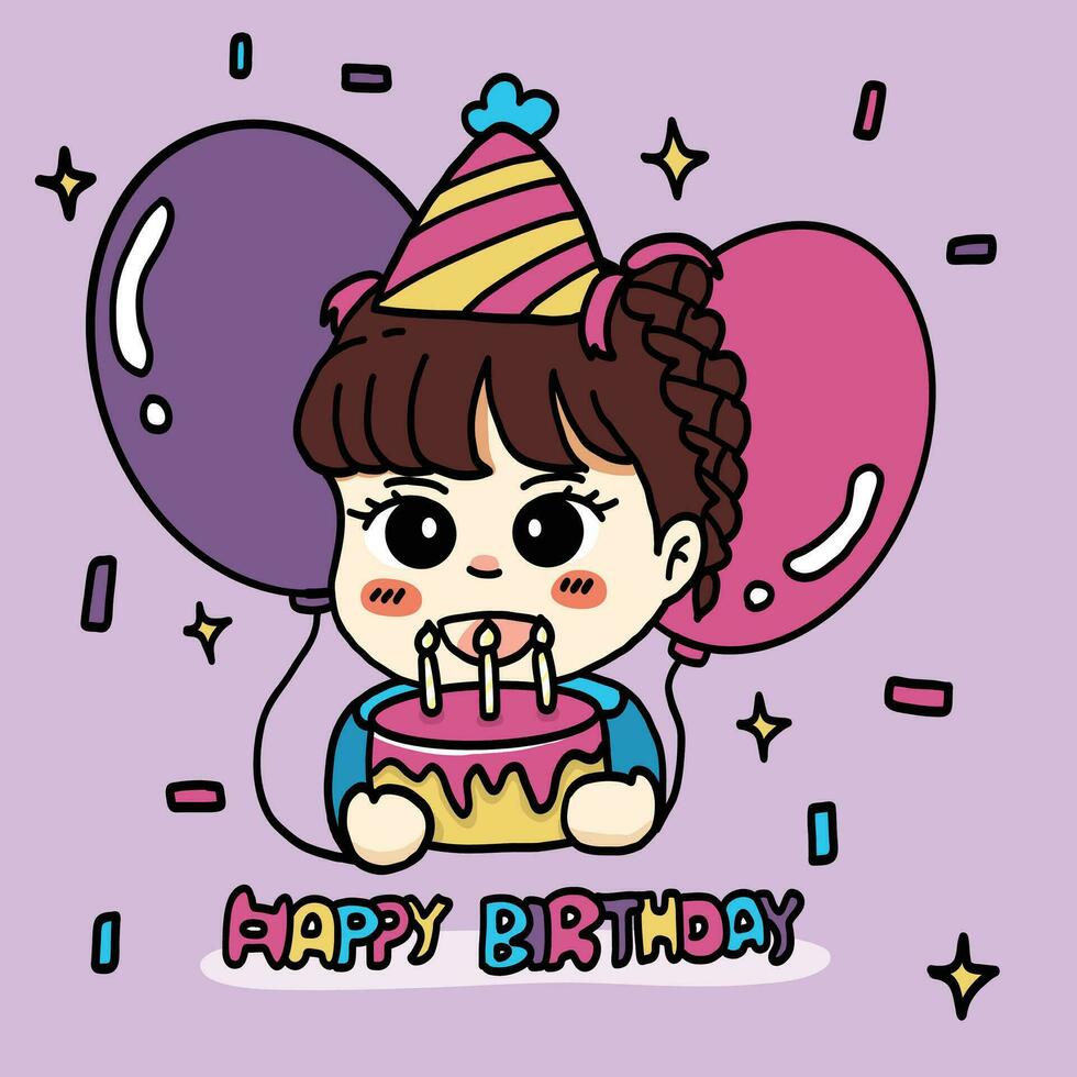 Happy birthday card, cute girl cartoon drawing vector