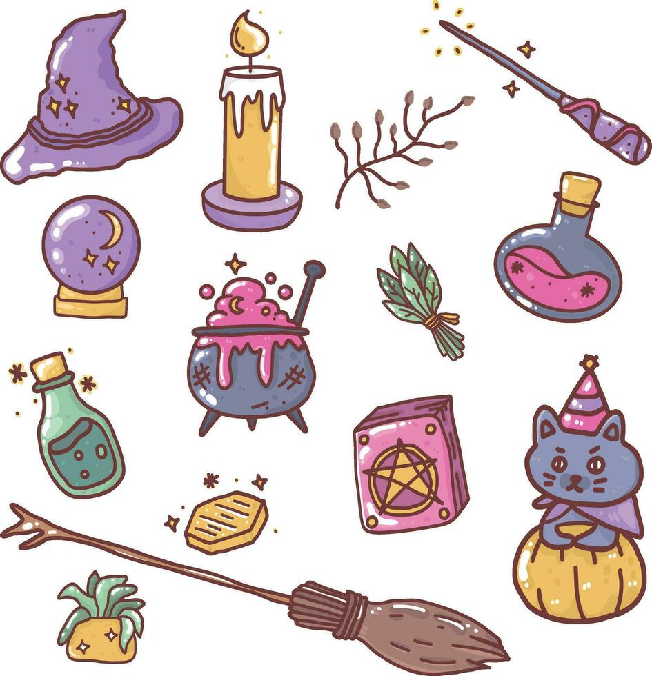 Cartoon set of Halloween, cute doodle, hand drawn vector