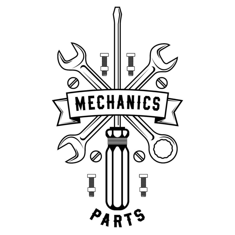 Set of vintage monochrome car repair service templates of emblems, labels, badges and logos. Auto parts tire repair mechanic on duty. vector