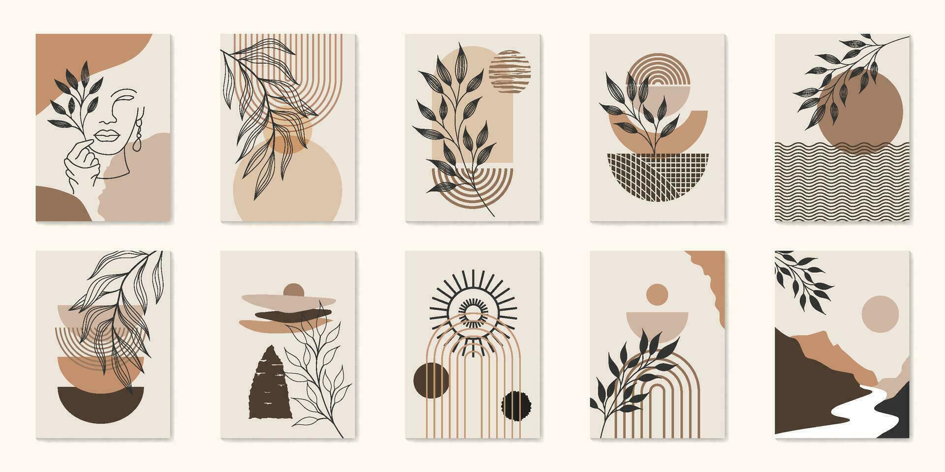 Botanical wall art vector set. Earth tone boho foliage line art drawing with abstract shape. Abstract Plant Art design for print, cover, wallpaper, Minimal and natural wall art