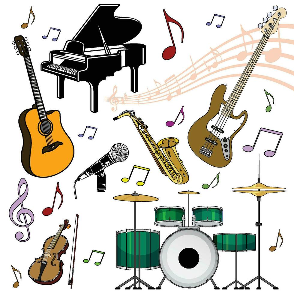 Vector set of musical instruments. Cartoon colored isolated objects on a white background