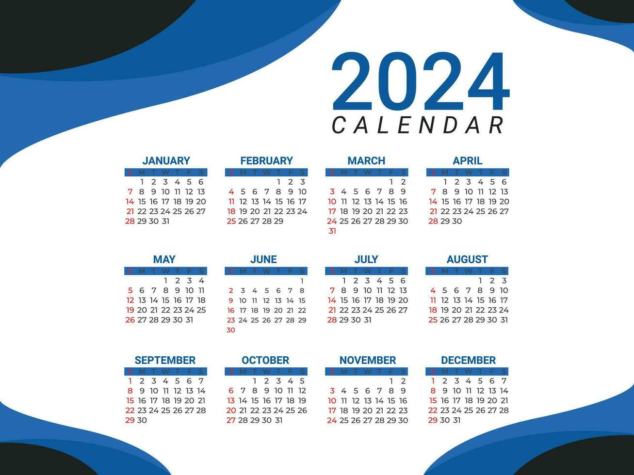 2024 annual calendar template design vector