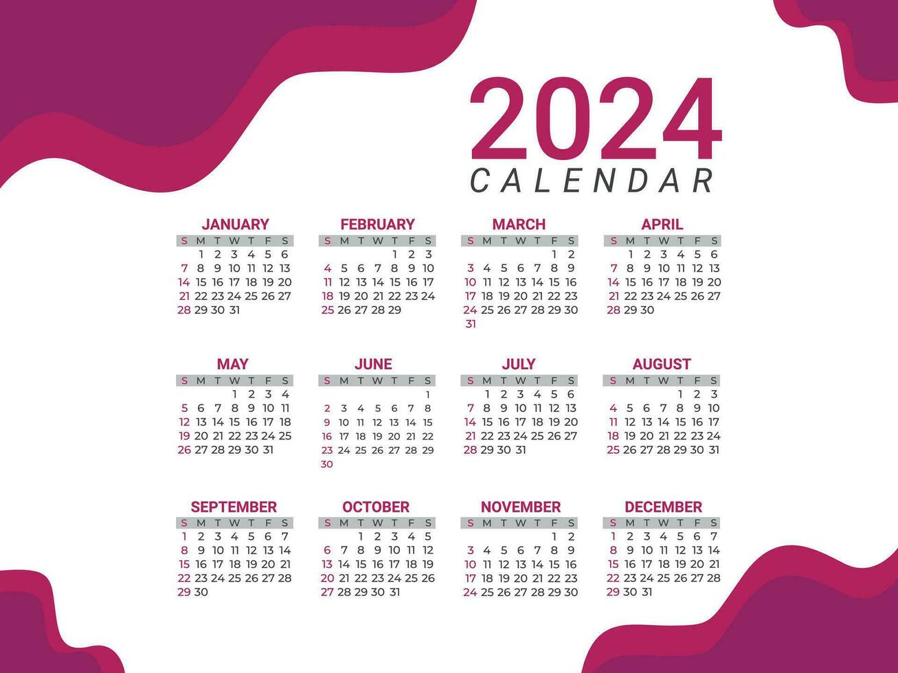 2024 annual calendar template design vector