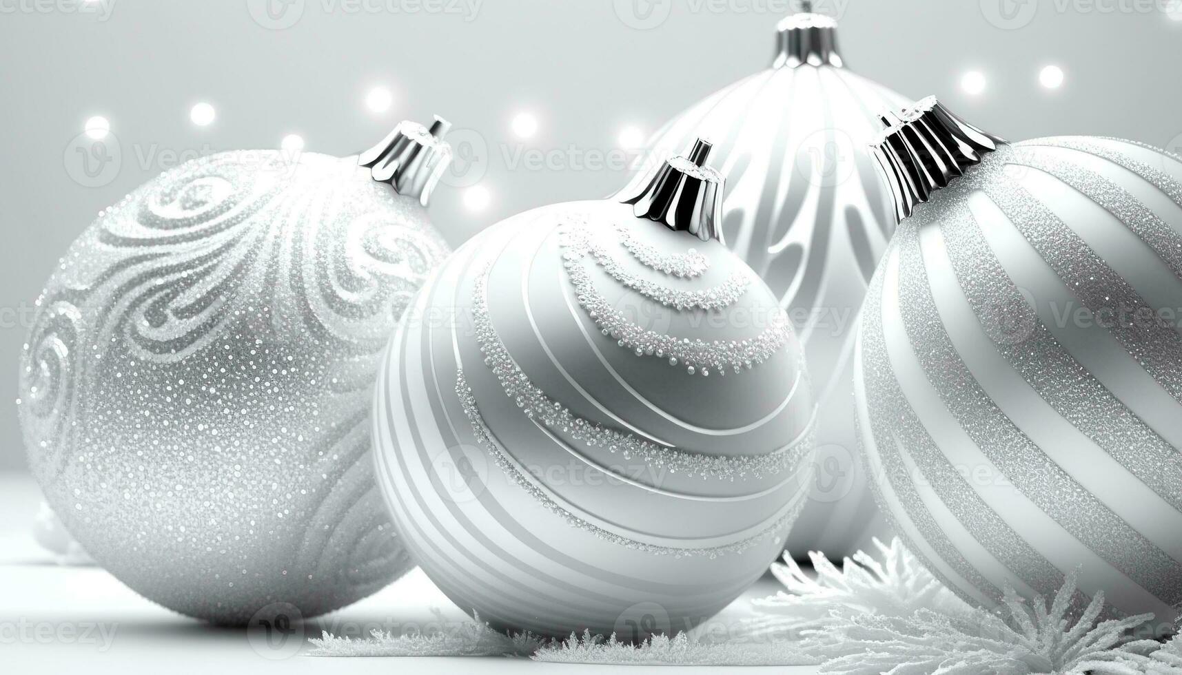 Close up festive bright with glitter silver christmas tree decorations and balls on white background. Ai generated. photo