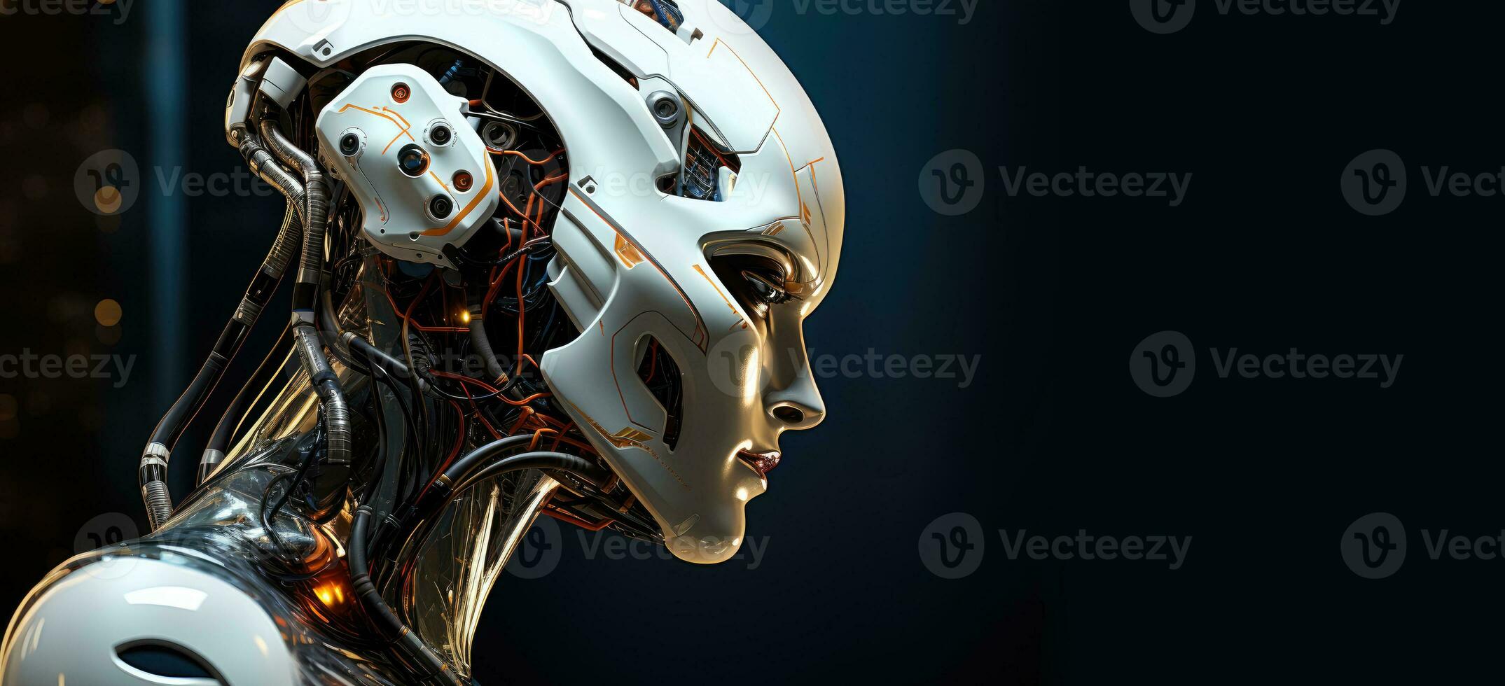 Graceful metal female robot in profile on a black background. Future technologies. Copy space. Ai generated photo