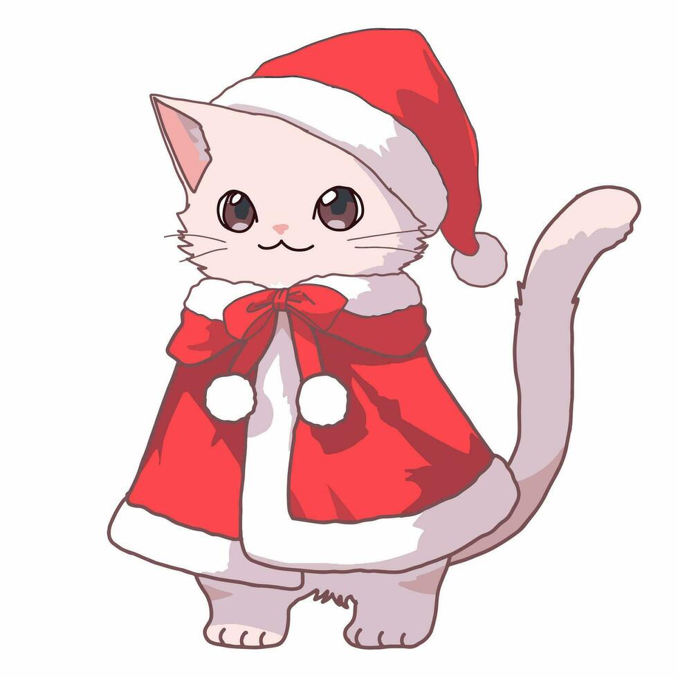 Cartoon style Cat wearing a Santa suit. Hand drawn Vector illustration.