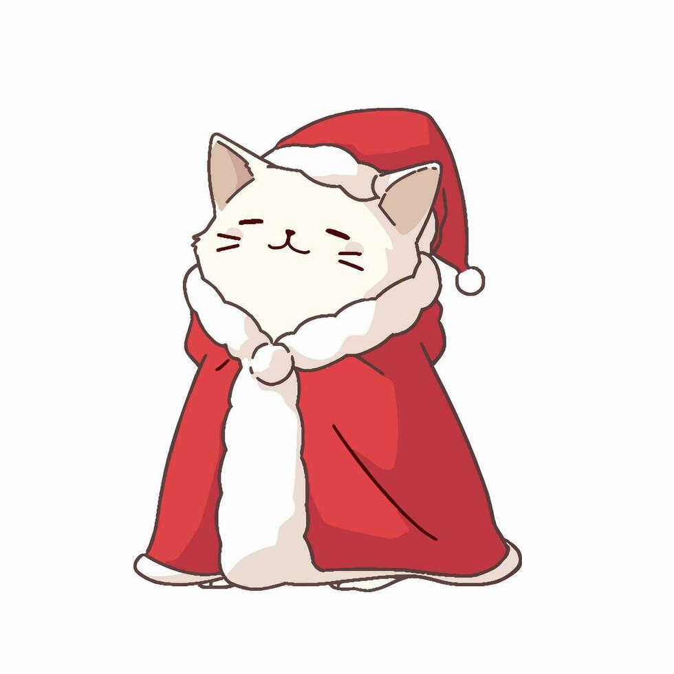 Cartoon style Cat wearing a Santa suit. Hand drawn Vector illustration.