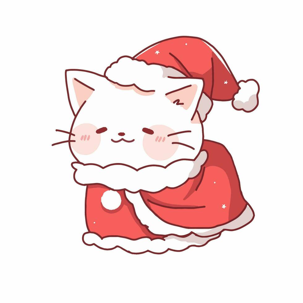 Cartoon style Cat wearing a Santa suit. Hand drawn Vector illustration.