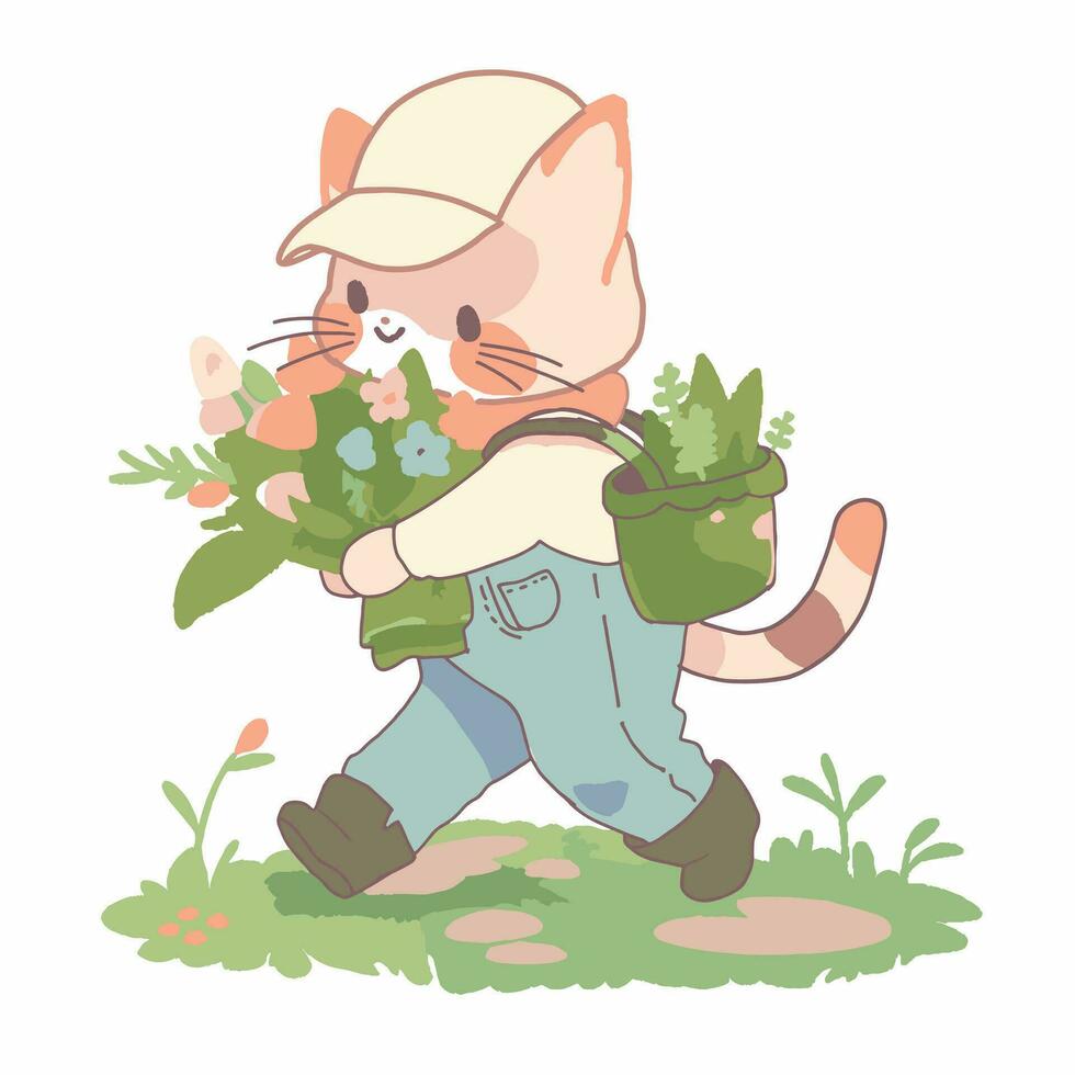 dibujos animados estilo gato plantando un árbol. mano dibujado vector ilustración.